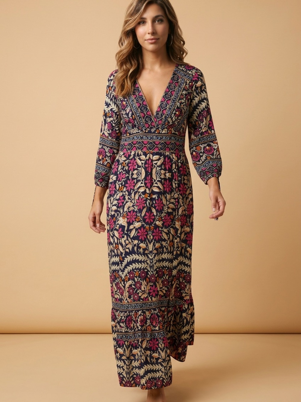 Papillon Bohemian Floral V-Neck Maxi Dress in Navy and Pink